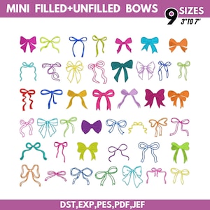 May include: A digital collection of various bow designs in multiple colors and styles, including filled and outline versions. The text at the top reads MINI FILLED+UNFILLED BOWS 9 SIZES 3" TO 7". The bottom text lists file formats: DST, EXP, PES, PDF, JEF.