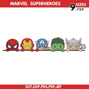 Puede incluir: Un diseño de bordado con superhéroes de Marvel con el texto MARVEL SUPERHEROES y 9 SIZES 4" TO 8". El diseño muestra a Spider-Man, Iron Man, Captain America, Hulk y Thor asomándose sobre una línea horizontal en un estilo colorido.