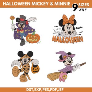 Puede incluir: Cuatro diseños de bordado con temática de Halloween de Mickey y Minnie Mouse. Incluye a Mickey vampiro con calabaza, Minnie con telaraña y murciélagos, Mickey momia y Minnie bruja en escoba. Texto: HALLOWEEN MICKEY & MINNIE 9 SIZES 3" TO 7" DST, EXP, PES, PDF, JEF.