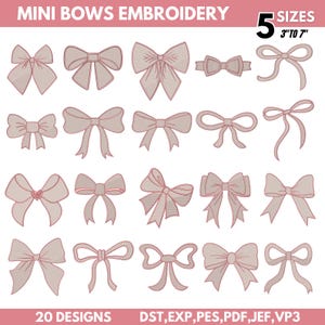 May include: A collection of 20 embroidered mini bow designs in various styles. The bows are in a light pink color and range in size from 3 to 7 inches. The text "MINI BOWS EMBROIDERY" and "20 DESIGNS" are displayed.