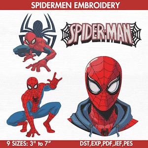 Pode incluir: Um conjunto de designs de bordado digital intitulado SPIDERMEN EMBROIDERY com três ilustrações distintas do Spider-Man em vermelho e azul, o texto SPIDER-MAN em uma fonte com borda de teia e 9 tamanhos de 7,6 a 17,8 cm.