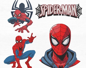 Könnte beinhalten: Ein digitales Stickmuster-Set mit dem Titel SPIDERMEN EMBROIDERY, bestehend aus drei verschiedenen Spider-Man-Illustrationen in Rot und Blau, dem Schriftzug SPIDER-MAN in einer netzumrandeten Schrift und 9 Größen von 7,6 bis 17,8 cm.