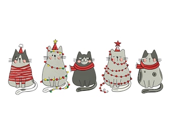 May include: Five cartoon cats with Christmas decorations. One cat wears a Santa hat and striped shirt. Another is wrapped in Christmas lights. A third cat wears a red scarf. The image has the text "CHRISTMAS CATS" at the top.