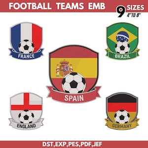 Broderimönster för fotbollslag – Frankrike, Brasilien, Spanien, England, Tyskland, fotbollslogotyp – Digital nedladdning av applikationsfil