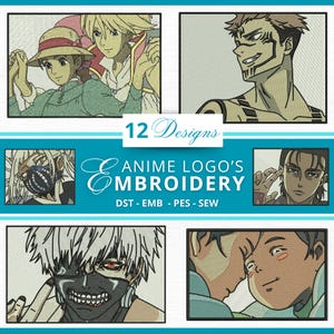 Puede incluir: Un collage de 12 diseños de personajes de anime para bordado. Los diseños incluyen personajes de series de anime populares como Attack on Titan, Demon Slayer y Mi Vecino Totoro. El texto "12 Designs Anime Logo's Embroidery DST - EMB - PES - SEW" se muestra en el centro de la imagen.