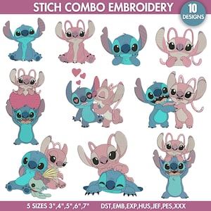 Desenho de bordado Stitch com coração, arquivo de máquina de bordado Stitch Lilo, bordado de coração de bebê fofo, padrões de bordado digital