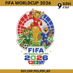 Può includere: Un design di toppa ricamata per la FIFA World Cup 2026 con un trofeo dorato centrale circondato da tre mascotte in maglie rosse, verdi e blu con il numero 26. Lo sfondo circolare ha segmenti rossi e blu. Testo FIFA WORLD CUP 2026.