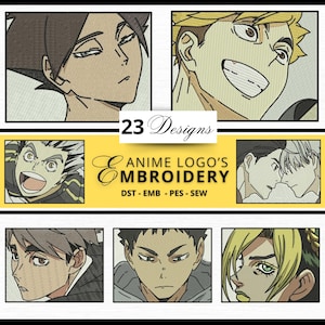 May include: A collage of 23 anime character designs for embroidery. The designs are in various colors and feature characters with different expressions. The text "23 Designs" and "Anime Logo's Embroidery" is displayed in a yellow banner. The text "DST - EMB - PES - SEW" is displayed below the banner.