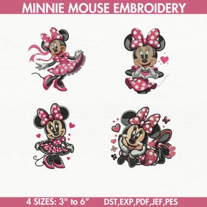 Op de afbeelding: Vier borduurontwerpen van Minnie Mouse in verschillende poses. De ontwerpen zijn in roze, rood en wit met zwarte contouren. De ontwerpen zijn verkrijgbaar in vier maten: 3 inch tot 6 inch. De meegeleverde bestandsformaten zijn DST, EXP, PDF, JEF en PES.