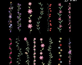 May include: An image showcasing 15 embroidered floral border designs. The borders feature various flowers, leaves, and berries in shades of pink, purple, and red, with sizes ranging from 3 to 7 inches. The text at the top reads "15 FLORAL BORDERS EMB" and "SIZES 3" TO 7".