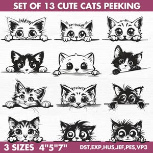 May include: A collection of 13 cartoon cat illustrations, each peeking over a line. The cats have large eyes and are in different poses. Text at the bottom reads "3 SIZES 4"5"7"" and includes file format abbreviations.