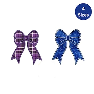 May include: Two decorative bows. One is purple with a plaid pattern, the other is blue with a white dotted design. A blue circle with the text "4 Sizes" is in the upper right corner.
