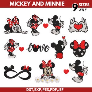May include: Collection of Mickey and Minnie Mouse designs in various poses, with red hearts and bows. The designs include the word "love" and are available in 9 sizes, ranging from 3 to 7 inches.