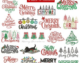 Puede incluir: Una colección de diseños de bordado navideños con la frase "Merry Christmas" en diferentes estilos de fuente. Los diseños incluyen árboles de Navidad, adornos y un gato. El texto "MERRY CHRISTMAS EMBROIDERY BUNDLE" está en la parte superior.