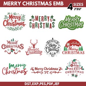 Puede incluir: Una colección de diseños de bordado navideños con la frase "Merry Christmas" en varios estilos. Los diseños incluyen elementos festivos como acebo, renos y adornos. Los tamaños disponibles varían de 7.6 cm a 15.2 cm.