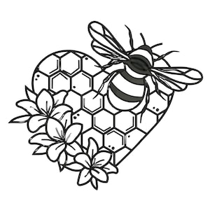 Könnte beinhalten: Eine Schwarz-Weiß-Zeichnung einer Biene auf einem Honigwabenherz mit Blumen.