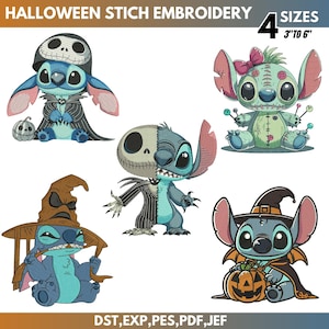 Peut inclure: Motifs de broderie sur le thème d'Halloween avec Stitch déguisé en divers personnages, dont Jack Skellington et une sorcière. Les motifs sont disponibles en plusieurs tailles, de 7,6 cm à 15,2 cm. Le texte "HALLOWEEN STICH EMBROIDERY" est en haut.