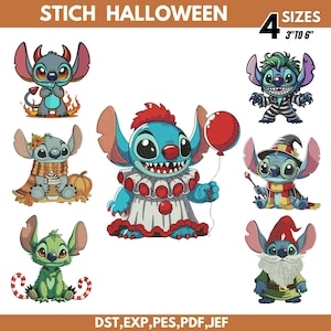 Puede incluir: Una colección de diseños de personajes de dibujos animados con disfraces de Halloween. Los personajes son azules con orejas grandes y están disfrazados de diablo, payaso, bruja y más. El texto "STICH HALLOWEEN" está en la parte superior, con "4 TAMAÑOS 3" A 6"" e información del tipo de archivo en la parte inferior.