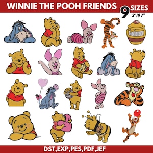 Peut inclure: Plusieurs dessins de personnages de Winnie l'ourson, dont Winnie, Porcinet, Bourriquet, Tigrou, et d'autres. L'image comprend le texte "WINNIE THE POOH FRIENDS" et "9 SIZES 3" TO 7"", ainsi que des informations sur les types de fichiers.