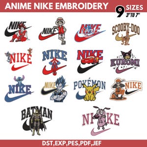 Könnte beinhalten: Eine digitale Sammlung von Stickmustern mit verschiedenen Cartoon- und Anime-Figuren, die in das Nike-Logo und den Markennamen integriert sind. Die Grafik enthält 14 verschiedene charakterbezogene Muster, Textbeschriftungen und Dateiformate.