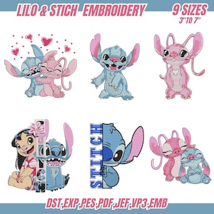May include: Digital embroidery designs featuring Lilo and Stitch characters in various poses, including hugging, standing, and peeking. The text reads LILO & STICH EMBROIDERY, 9 SIZES 3" TO 7", and file formats DST, EXP, PES, PDF, JEF, VP3, EMB.