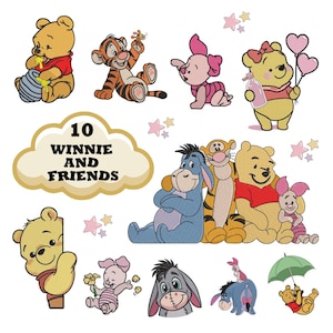 Op de afbeelding: Een collectie Winnie de Poeh en vriendjes borduurontwerpen met Poeh, Teigetje, Knorretje en Iejoor in diverse houdingen, waaronder met honing, ballonnen en een paraplu, met een wolk-afbeelding met de tekst 10 WINNIE AND FRIENDS.