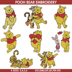 May include: A set of embroidery designs featuring Winnie the Pooh in various poses, including holding a heart, hugging Tigger, and standing with Piglet. The designs are available in four sizes and in multiple file formats, including DST, EMB, EXP, JEF, PDF, and PES.