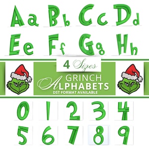 May include: Green Grinch alphabet letters and numbers, with the Grinch's face wearing a Santa hat. The image includes the letters A through H, and the numbers 0 through 9. The text reads "4 Sizes" and "Grinch Alphabets".