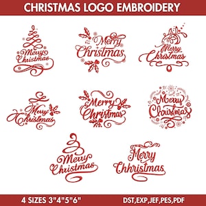May include: A collection of red Christmas logo embroidery designs. The designs include the words "Merry Christmas" in various stylized fonts, with decorative elements like holly leaves and snowflakes. The image also includes text indicating available sizes and file formats.
