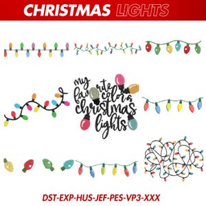 Pode incluir: Uma coleção de luzes de Natal coloridas em vários arranjos. A imagem inclui fios de luzes, lâmpadas individuais e o texto "CHRISTMAS LIGHTS" e "my favorite colors christmas lights."