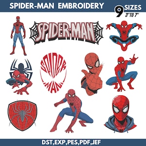 May include: Spider-Man embroidery designs featuring the superhero in various poses. The image includes the Spider-Man logo and the text "SPIDER-MAN EMBROIDERY". Available in 9 sizes, ranging from 7.6 to 17.8 cm.