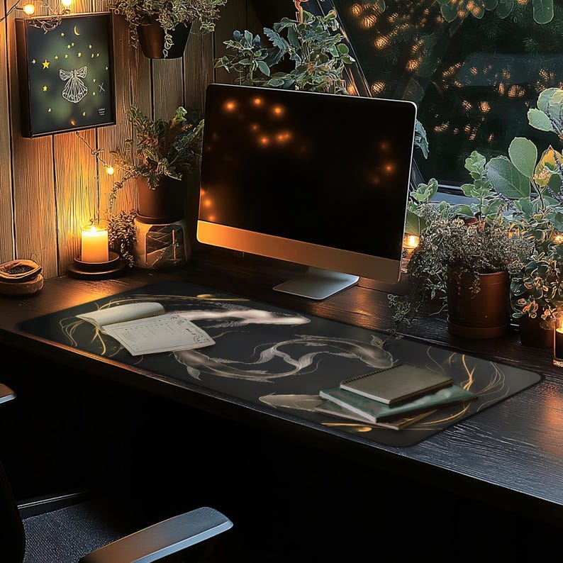 K&ouml;nnte beinhalten: Eine schwarze Schreibtischmatte mit einem goldenen und wei&szlig;en abstrakten Design. Die Matte liegt auf einem schwarzen Schreibtisch mit einem Computermonitor, einem Notizbuch und ein paar anderen Gegenst&auml;nden.