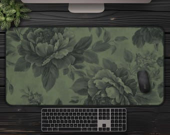 Grüne Blumen Blumen Vintage Kunst Schreibtischmatte, Dunkles Cottagecore Mauspad, Botanische Blumenmuster Tastaturmatte, Dekor Für Büro & Schreibtisch Zubehör