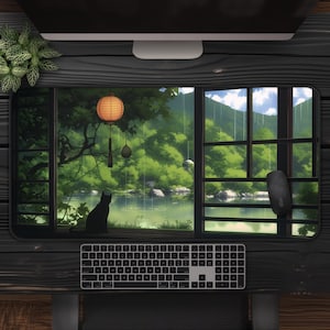 Mysig katt Lofi skrivbordsmatta, grön skog anime musmatta, stor spelmusmatta XL