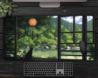 Cozy Cat Lofi Desk Mat, Green Forest Anime Mousepad, Large Gaming Mouse Pad XL