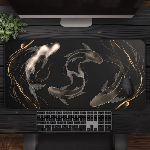Black Gold Yin Yang Koi Fish Gaming Deskmat | Elegant Japanese Large Desk Mat Aesthetic | Zen Art Desk Decor | Office Decor and Gamer Gift