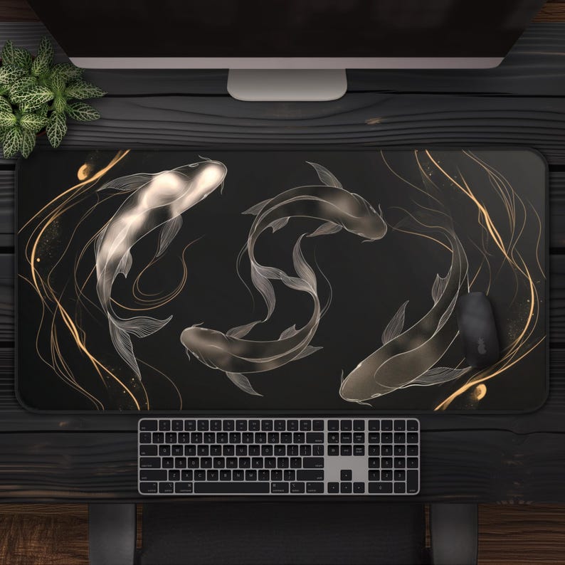K&ouml;nnte beinhalten: Schwarze und goldene Mauspad mit einem Design aus drei wei&szlig;en Koi-Fischen, die in einem wirbelnden Muster schwimmen. Die Fische sind in Gold umrandet und der Hintergrund ist schwarz.