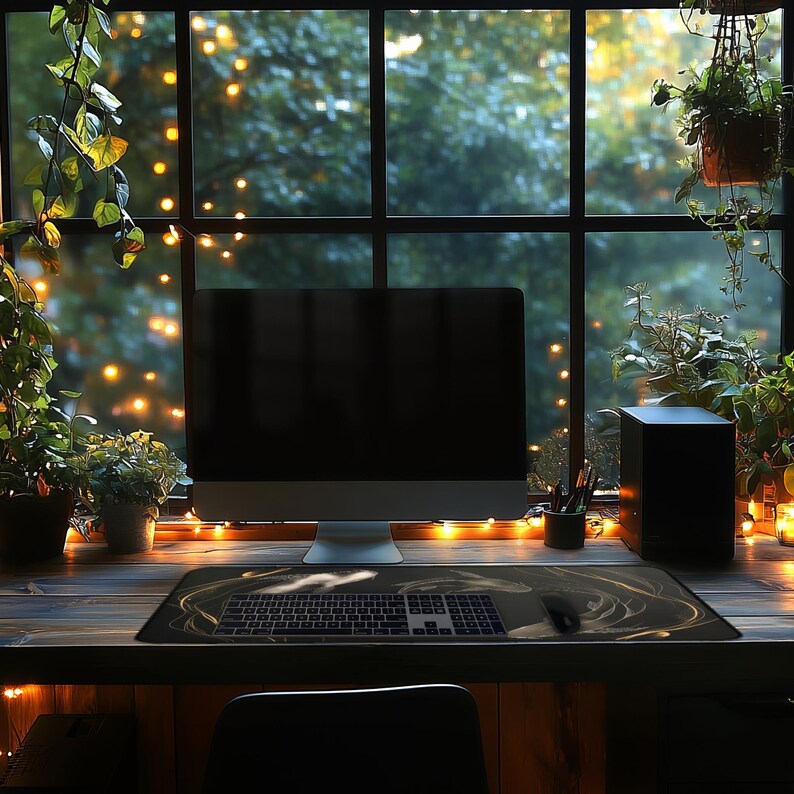 K&ouml;nnte beinhalten: Eine schwarze und goldene Schreibtischmatte mit Marmormuster, einer schwarzen Tastatur und einer schwarzen Maus. Die Schreibtischmatte liegt auf einem Holztisch vor einem Fenster mit Lichterketten.