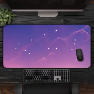 Dromerige kawaii-muismat, pastel hemelsroze paars bureaumat, schattige gamingmuismat XL, esthetische bureaudecoratie en computeraccessoires