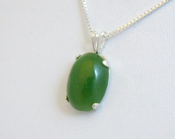 Nephrite Jade Cabochon Pendant on 925 Sterling Silver Box Chain Necklace