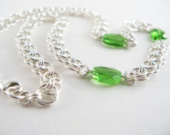 925 sterling silver helms chain with green graphic European crystals