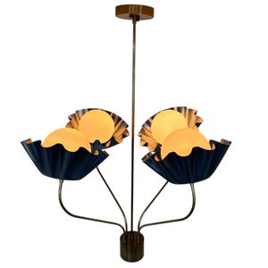 Mid Century Modern Chandelier, Handcrafted 4 Arm Sputnik Light Fixture, Custom Curved Disk Iron Finish Shade Large Ceiling Light