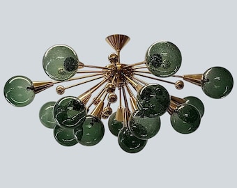 Stilnovo Styles Green Glass Balls 1950s Sputnik Brass Italian Ceiling Lamp Lighting Murano Glass Globe Chandelier