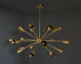 Mid Century Modern 24-Light Pendant Raw BrassbHandmade Brass Sputnik Chandelier