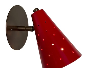 Mid-Century Modern Wall Sconce - Red & Brass Perforated Shade
