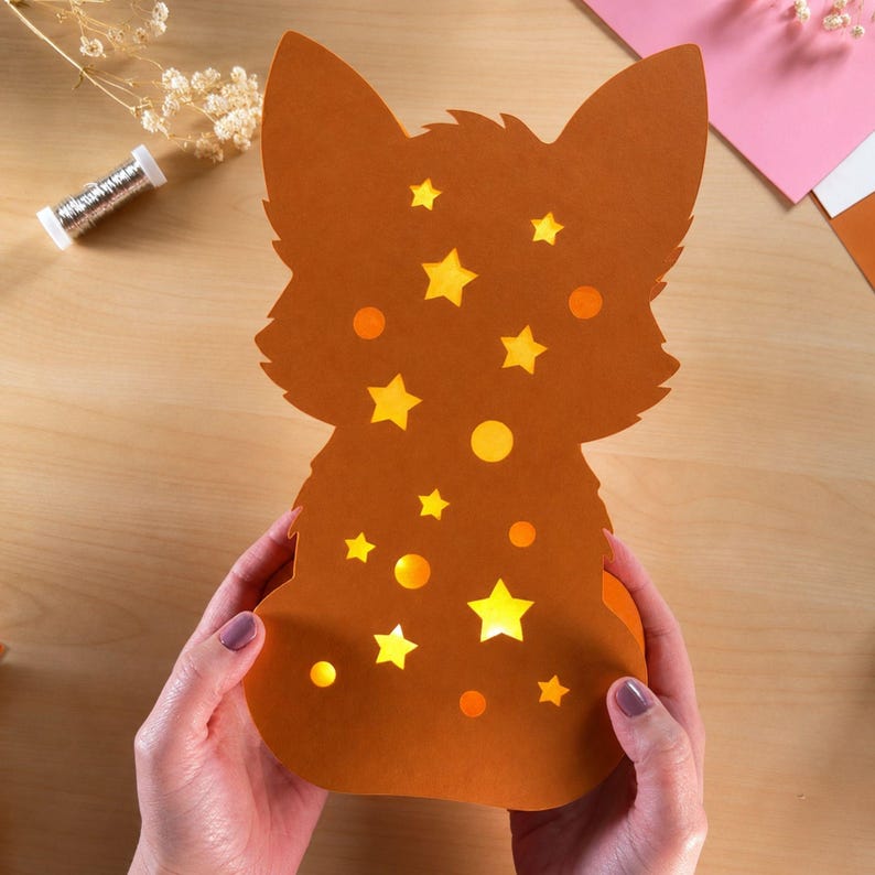 Rückseite der Fuchslaterne mit transparentem Papier und Sternenausschnitten