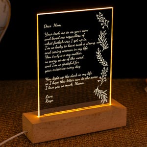 Luz noturna personalizada para a mãe, presente de carta escrita à mão personalizada para a mãe, presente de dia das mães, presentes de aniversário para a avó, avó e mamãe, presente para a mãe