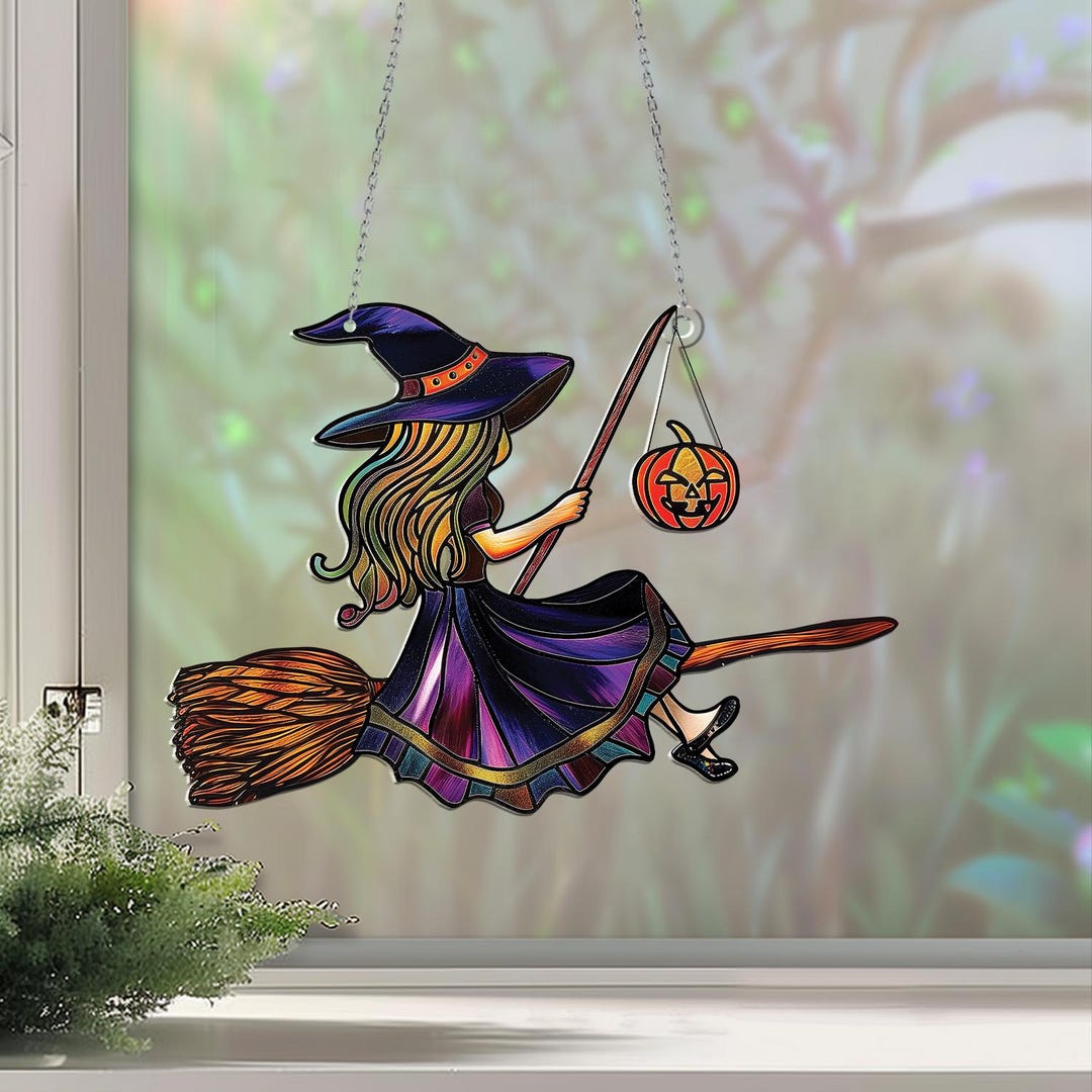 Witch on Broom Acrylic Window Hanging, Witch Halloween Decorations ...
