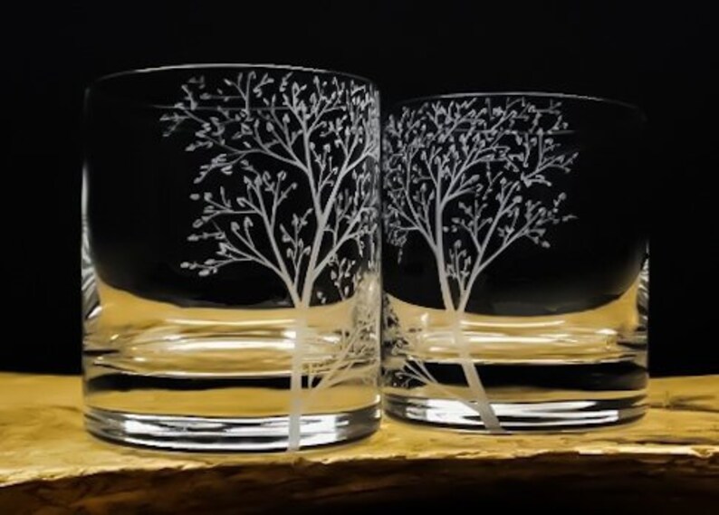 Custom Whiskey Glasses Personalized Crystal Engraved Forest Branches And Leaves Trees Old Fashioned Nature Glassware Barware Rocks Glass