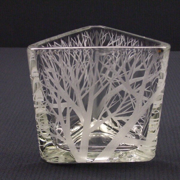 Glass Triangle Candle Holder . Hand Engraved 'Reaching Branches'